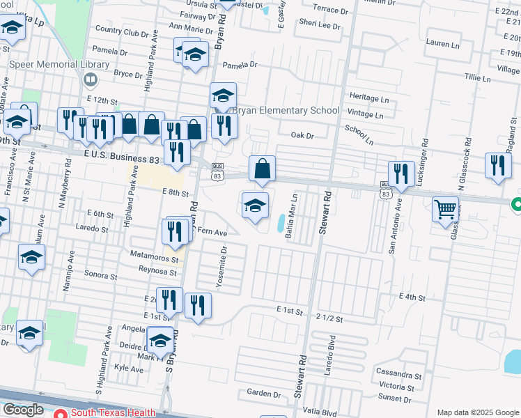 map of restaurants, bars, coffee shops, grocery stores, and more near 78 Showers Drive in Mission