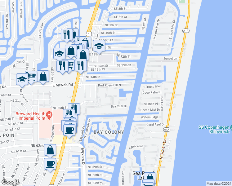 map of restaurants, bars, coffee shops, grocery stores, and more near 3200 Port Royale Drive North in Fort Lauderdale