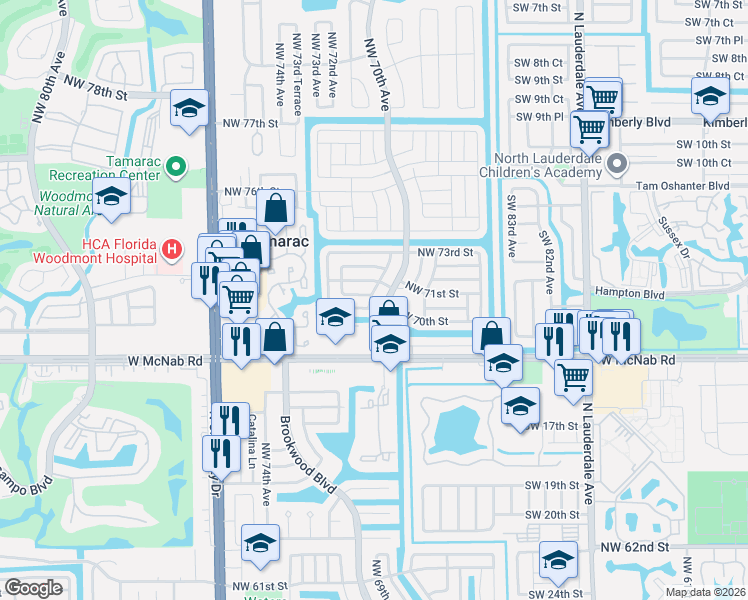 map of restaurants, bars, coffee shops, grocery stores, and more near 7006 Northwest 71st Avenue in Tamarac