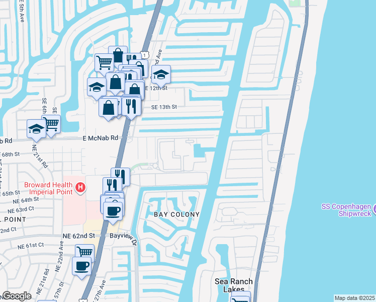 map of restaurants, bars, coffee shops, grocery stores, and more near 3200 Port Royale Drive North in Fort Lauderdale