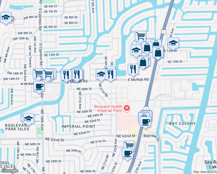 map of restaurants, bars, coffee shops, grocery stores, and more near 602 East McNab Road in Pompano Beach