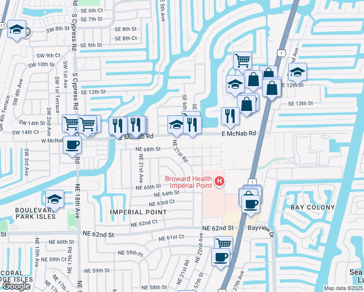 map of restaurants, bars, coffee shops, grocery stores, and more near 602 East McNab Road in Pompano Beach
