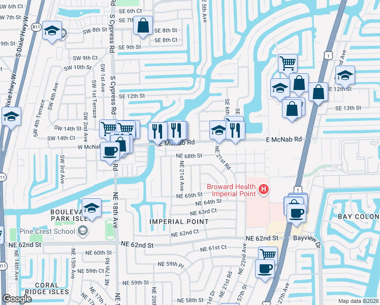 map of restaurants, bars, coffee shops, grocery stores, and more near 490 East McNab Road in Pompano Beach