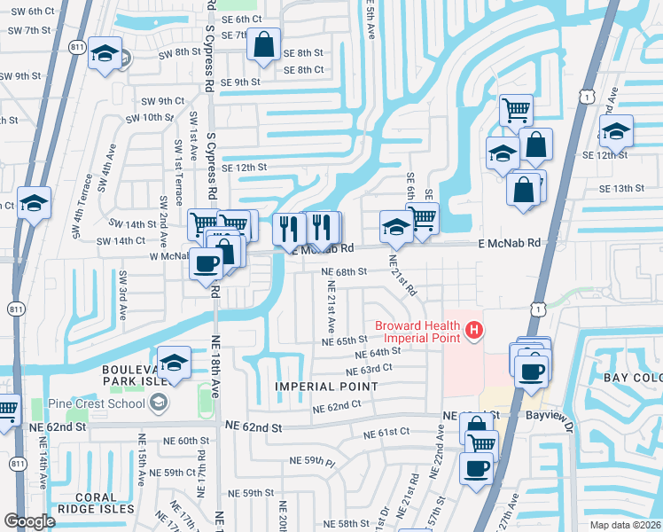 map of restaurants, bars, coffee shops, grocery stores, and more near 342 East McNab Road in Pompano Beach