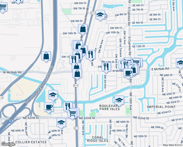 map of restaurants, bars, coffee shops, grocery stores, and more near 501 Southwest 15th Street in Pompano Beach