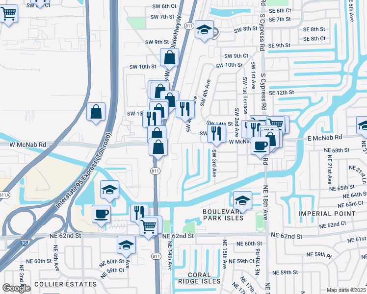 map of restaurants, bars, coffee shops, grocery stores, and more near 501 Southwest 15th Street in Pompano Beach