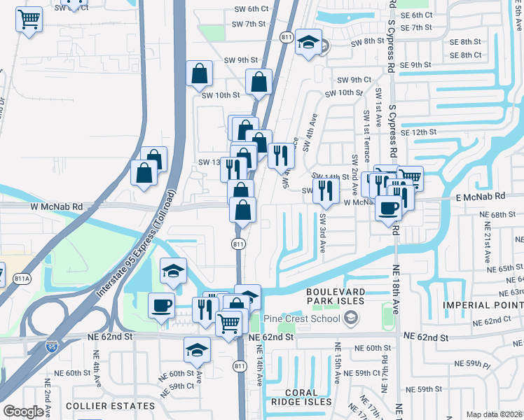 map of restaurants, bars, coffee shops, grocery stores, and more near 702 Southwest 15th Street in Pompano Beach