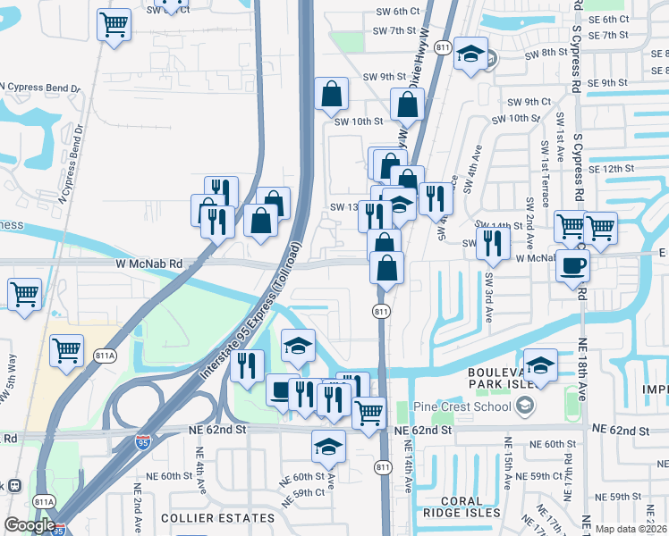 map of restaurants, bars, coffee shops, grocery stores, and more near 871 West McNab Road in Pompano Beach