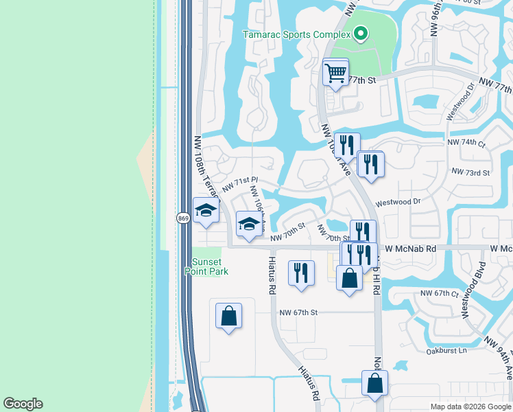 map of restaurants, bars, coffee shops, grocery stores, and more near 7112 Northwest 106th Avenue in Tamarac