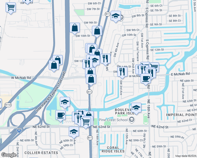 map of restaurants, bars, coffee shops, grocery stores, and more near 702 Southwest 15th Street in Pompano Beach