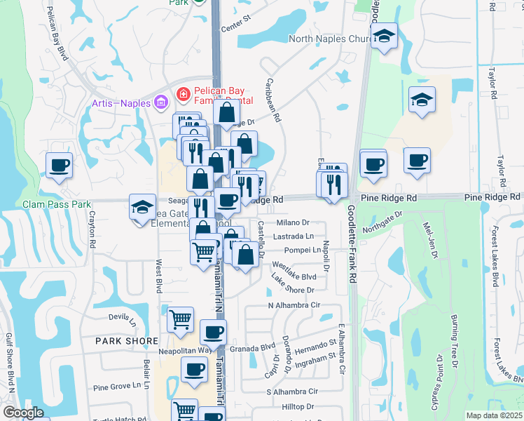 map of restaurants, bars, coffee shops, grocery stores, and more near 1100 Pine Ridge Road in Naples