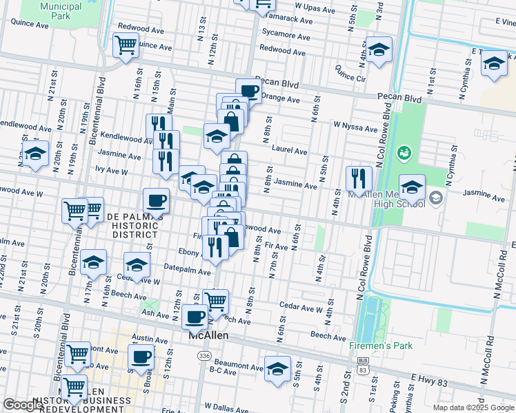 map of restaurants, bars, coffee shops, grocery stores, and more near 825 Ivy Avenue in McAllen
