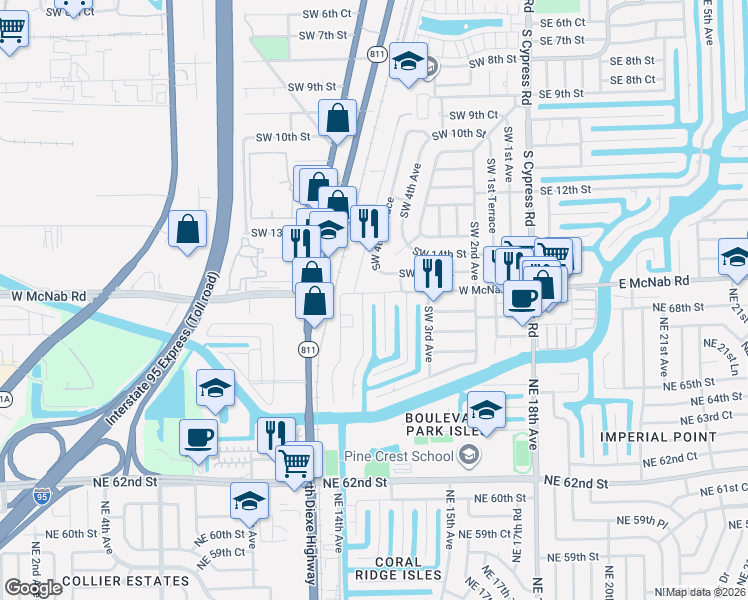 map of restaurants, bars, coffee shops, grocery stores, and more near 501 Southwest 15th Street in Pompano Beach