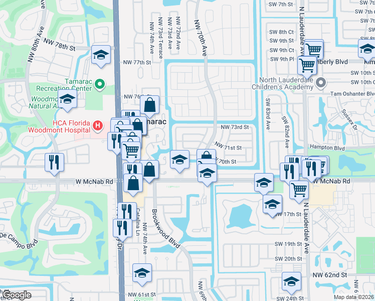 map of restaurants, bars, coffee shops, grocery stores, and more near 7007 Northwest 72nd Avenue in Tamarac