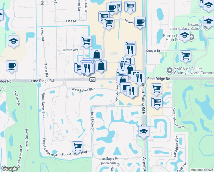 map of restaurants, bars, coffee shops, grocery stores, and more near 501 Forest Lakes Boulevard in Naples