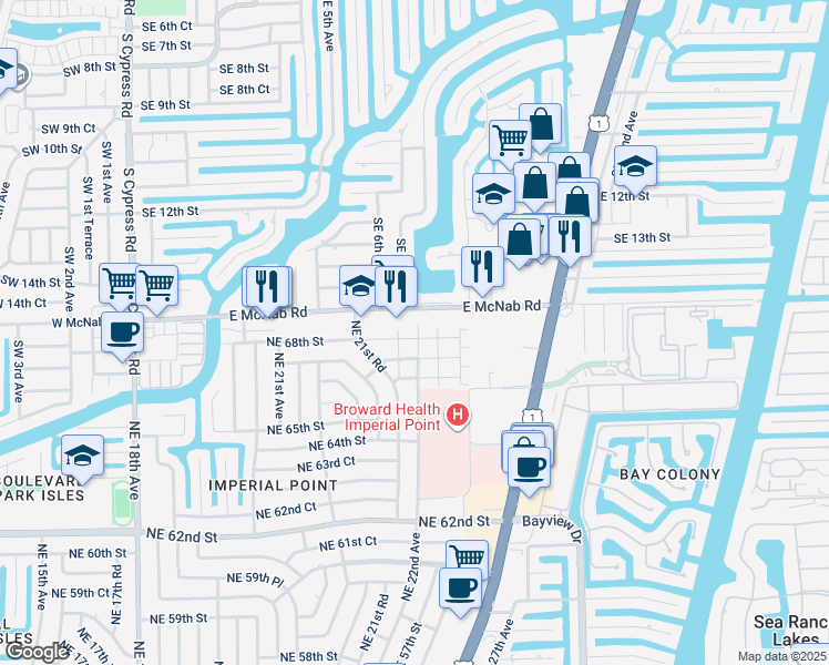 map of restaurants, bars, coffee shops, grocery stores, and more near 2191 Northeast 68th Street in Fort Lauderdale