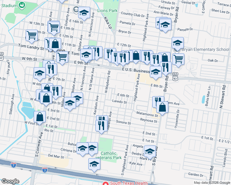map of restaurants, bars, coffee shops, grocery stores, and more near 918 East Leo Najo Street in Mission