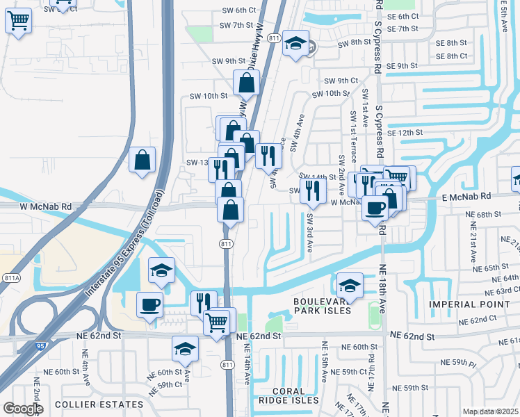 map of restaurants, bars, coffee shops, grocery stores, and more near 501 Southwest 15th Street in Pompano Beach