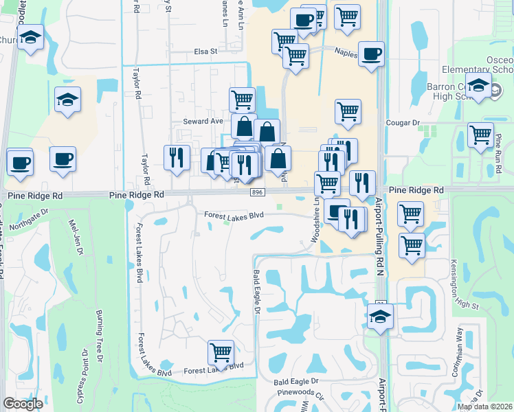 map of restaurants, bars, coffee shops, grocery stores, and more near 499 Forest Lakes Boulevard in Naples