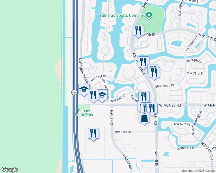 map of restaurants, bars, coffee shops, grocery stores, and more near 7112 Northwest 106th Avenue in Tamarac