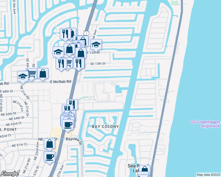 map of restaurants, bars, coffee shops, grocery stores, and more near 3200 Port Royale Drive North in Fort Lauderdale