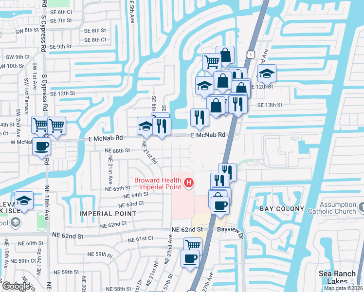 map of restaurants, bars, coffee shops, grocery stores, and more near 872 East McNab Road in Pompano Beach