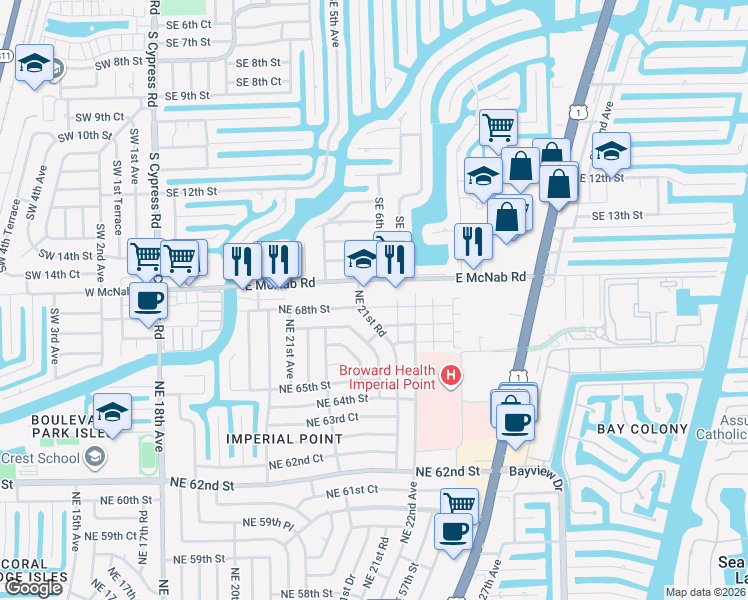 map of restaurants, bars, coffee shops, grocery stores, and more near 602 East McNab Road in Pompano Beach