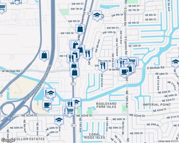 map of restaurants, bars, coffee shops, grocery stores, and more near 501 Southwest 15th Street in Pompano Beach