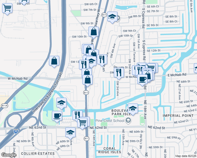 map of restaurants, bars, coffee shops, grocery stores, and more near 501 Southwest 15th Street in Pompano Beach