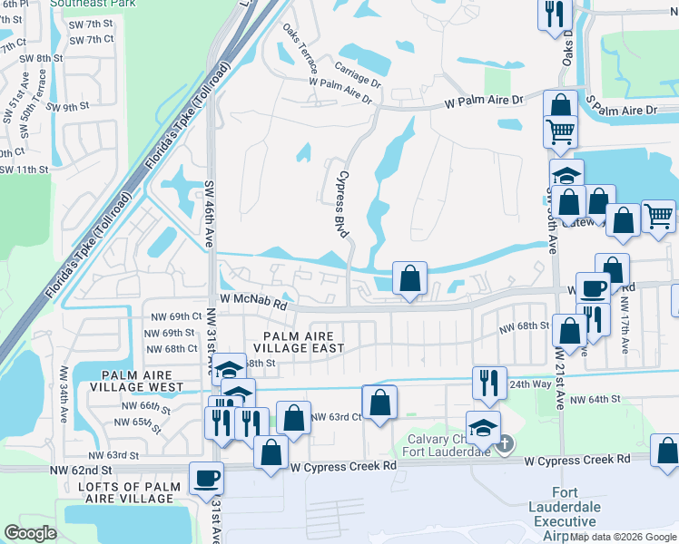 map of restaurants, bars, coffee shops, grocery stores, and more near 1411 Banyan Circle in Pompano Beach