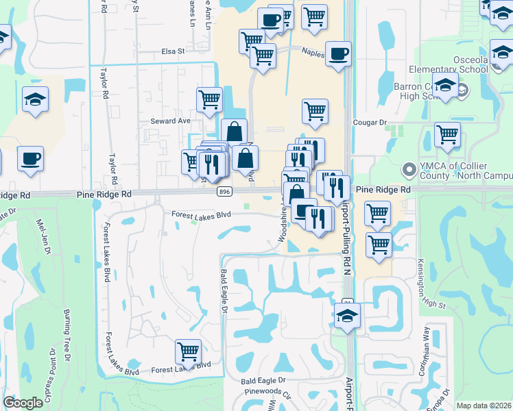map of restaurants, bars, coffee shops, grocery stores, and more near 501 Forest Lakes Boulevard in Naples