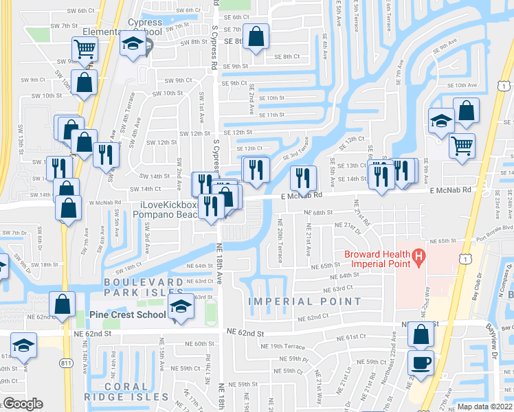map of restaurants, bars, coffee shops, grocery stores, and more near 146 East McNab Road in Pompano Beach
