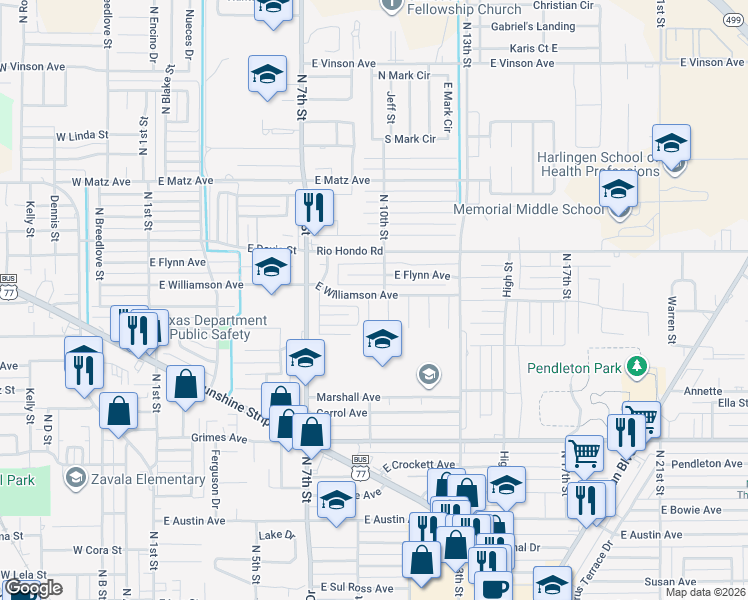 map of restaurants, bars, coffee shops, grocery stores, and more near 909-913 East Williamson Avenue in Harlingen