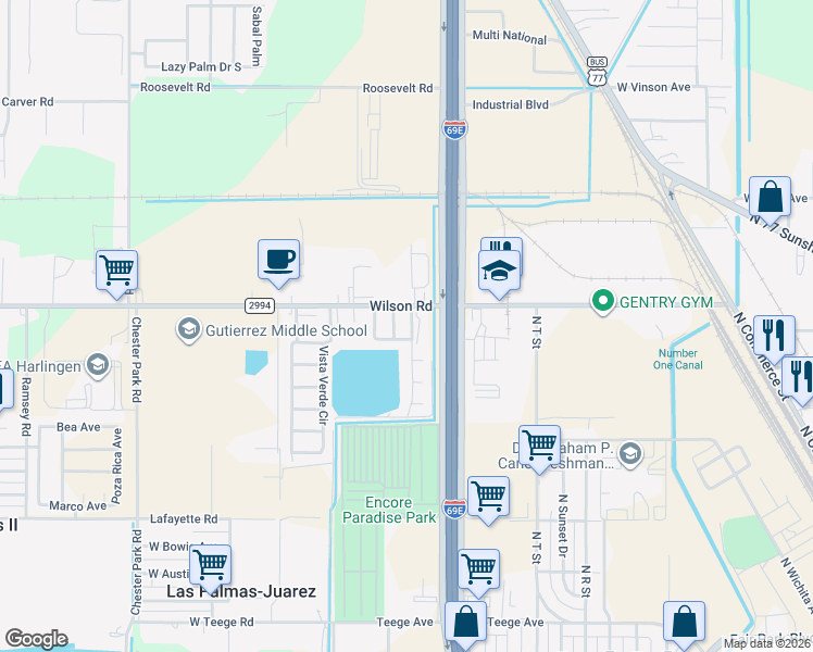 map of restaurants, bars, coffee shops, grocery stores, and more near 18 Carey in Harlingen