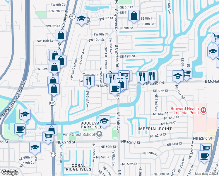 map of restaurants, bars, coffee shops, grocery stores, and more near 140 Southwest 15th Street in Pompano Beach