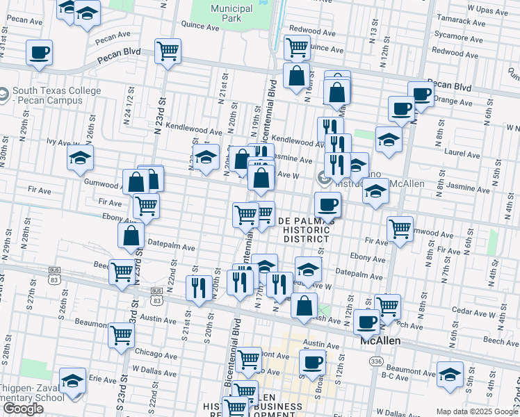 map of restaurants, bars, coffee shops, grocery stores, and more near 722 North Bicentennial Boulevard in McAllen
