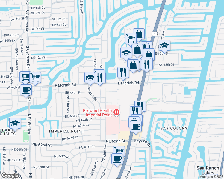 map of restaurants, bars, coffee shops, grocery stores, and more near 2191 Northeast 68th Street in Fort Lauderdale