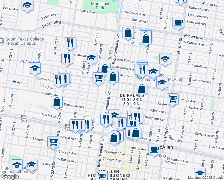 map of restaurants, bars, coffee shops, grocery stores, and more near 722 North Bicentennial Boulevard in McAllen