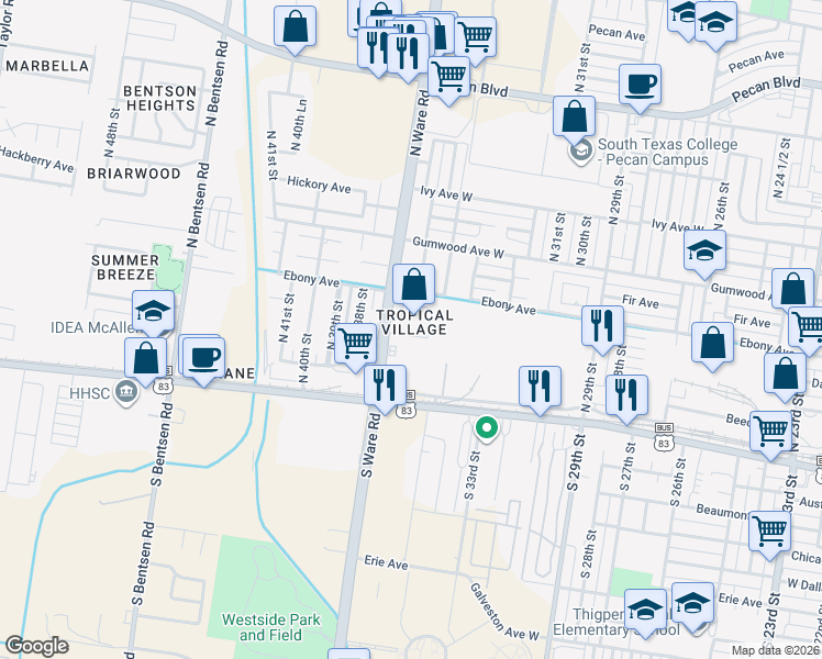 map of restaurants, bars, coffee shops, grocery stores, and more near 309 North 36th Lane in McAllen