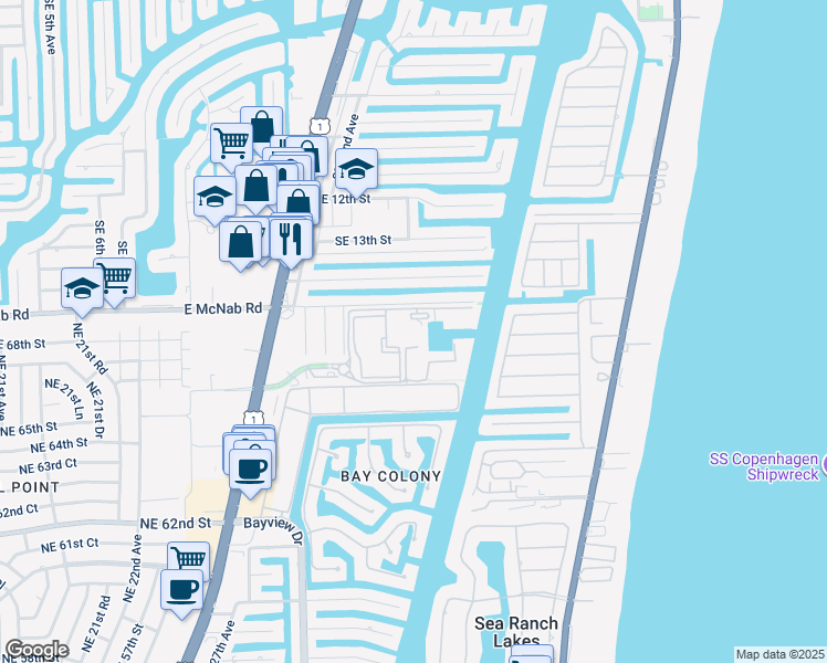 map of restaurants, bars, coffee shops, grocery stores, and more near 3200 Port Royale Drive North in Fort Lauderdale