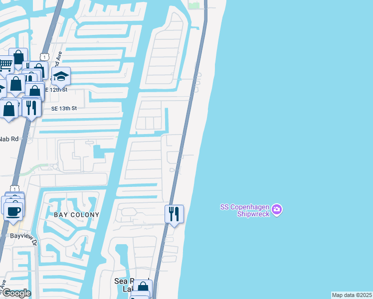 map of restaurants, bars, coffee shops, grocery stores, and more near 1530 South Ocean Boulevard in Pompano Beach