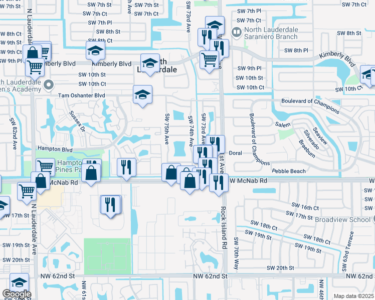 map of restaurants, bars, coffee shops, grocery stores, and more near 1310 Southwest 74th Avenue in North Lauderdale