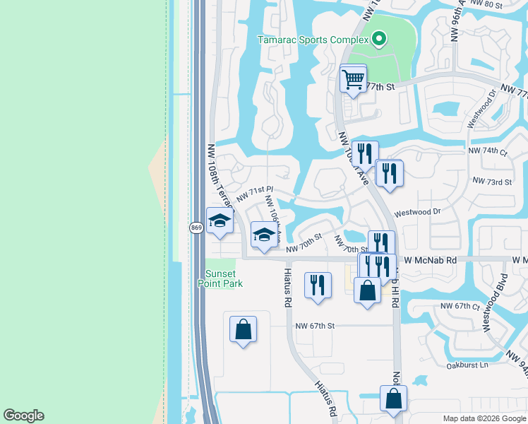 map of restaurants, bars, coffee shops, grocery stores, and more near 7112 Northwest 106th Avenue in Tamarac