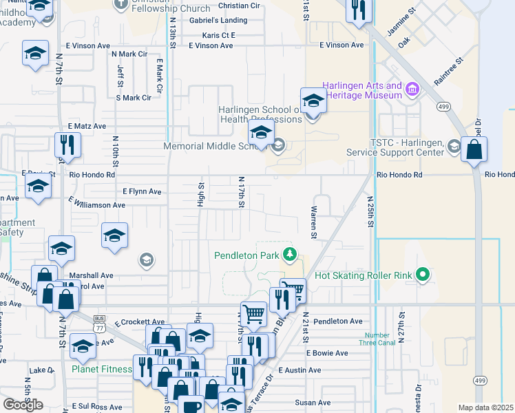 map of restaurants, bars, coffee shops, grocery stores, and more near 1717 Plantation Drive in Harlingen