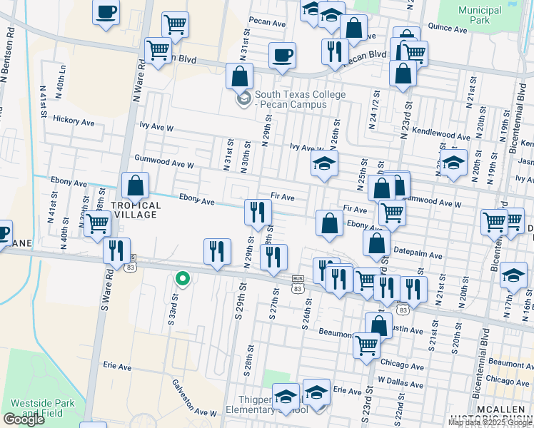 map of restaurants, bars, coffee shops, grocery stores, and more near 417 North 28th Street in McAllen