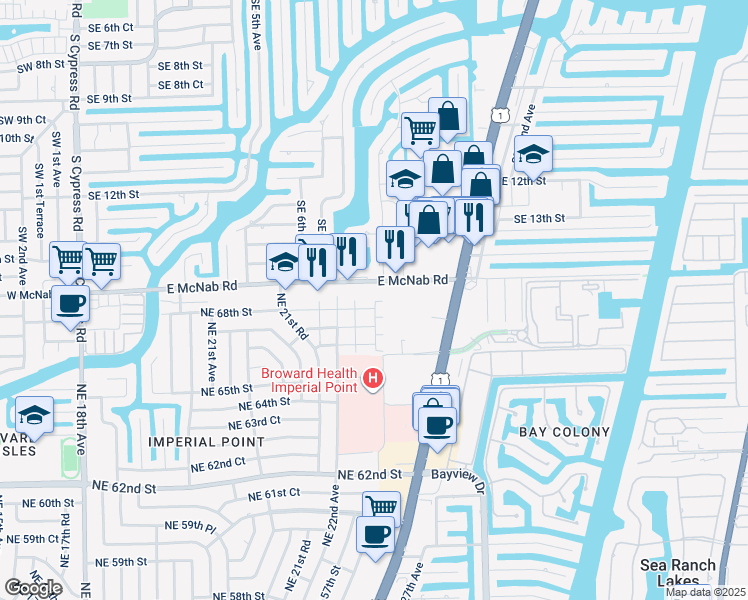 map of restaurants, bars, coffee shops, grocery stores, and more near 2220 Northeast 68th Street in Fort Lauderdale