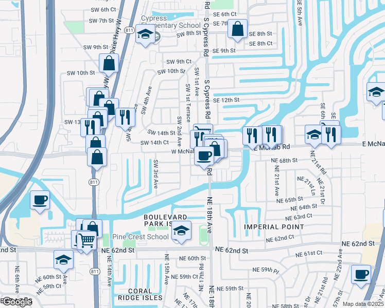 map of restaurants, bars, coffee shops, grocery stores, and more near 140 Southwest 15th Street in Pompano Beach