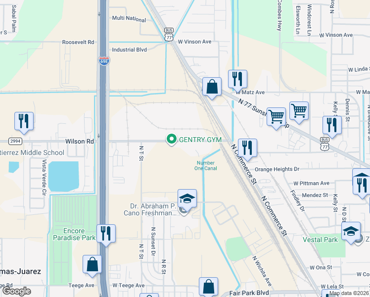 map of restaurants, bars, coffee shops, grocery stores, and more near 1617 Wilson Road in Harlingen