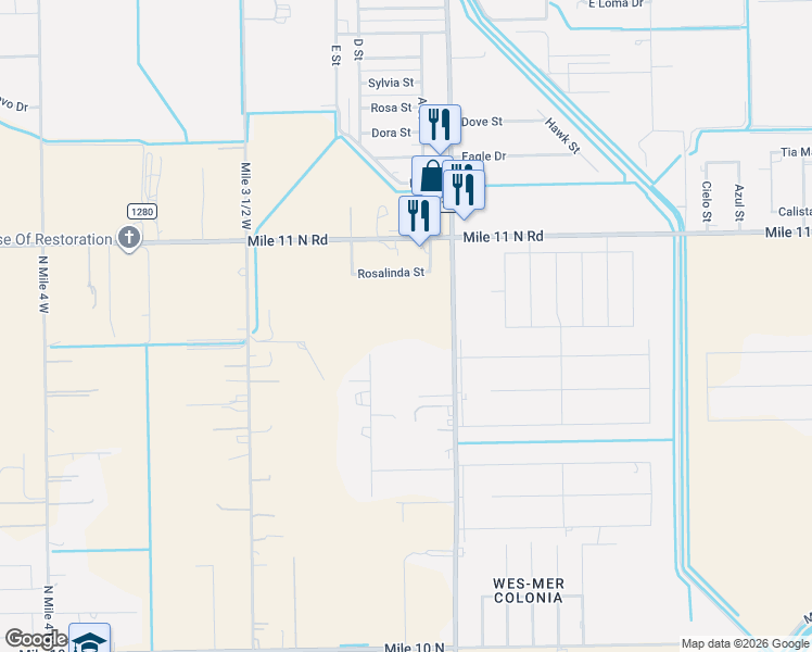 map of restaurants, bars, coffee shops, grocery stores, and more near Mile 3 Road West in Mercedes