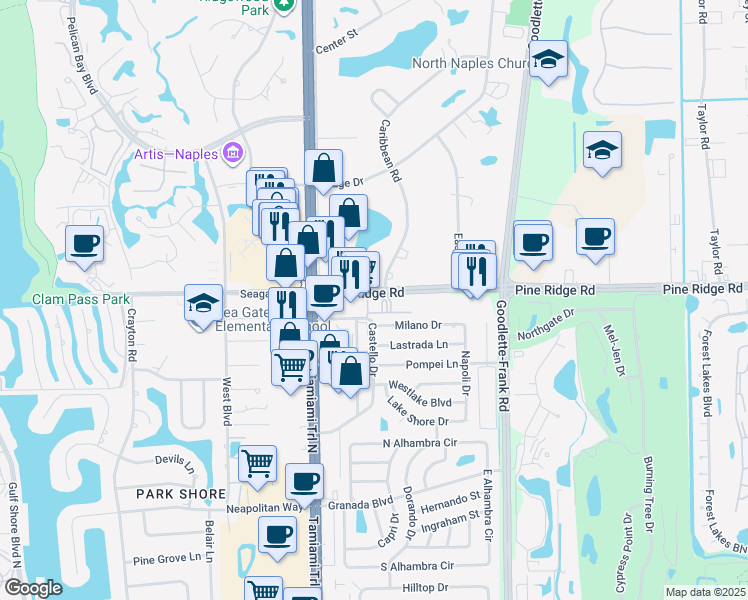 map of restaurants, bars, coffee shops, grocery stores, and more near 1100 Pine Ridge Road in Naples